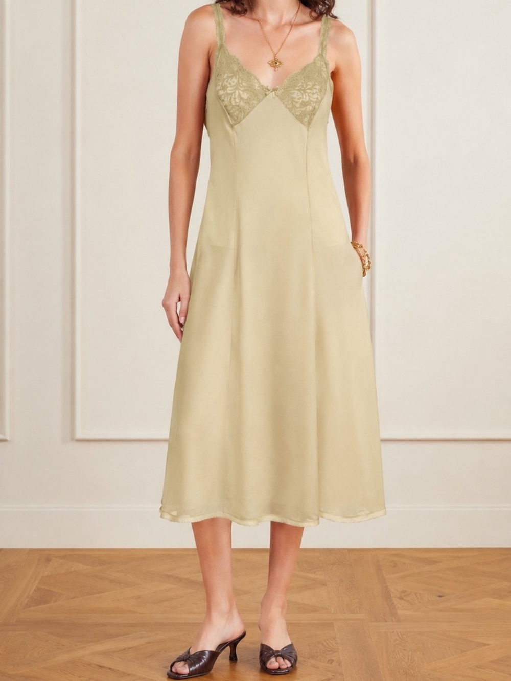 Olga Vintage Lace Trim Sheer Nylon Full Slip Dress Nightgown Beige Sz 34